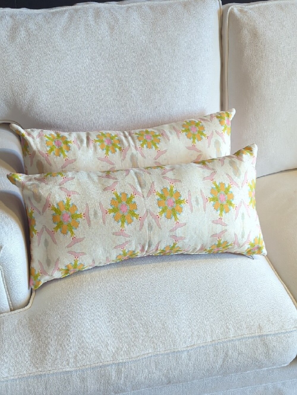 Decorative Cream Lumbar Pillow with Pink and Yellow Floral Pattern